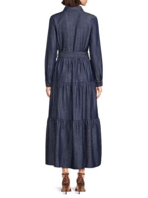 YAL New York
 Tie Waist Chambray Tiered Shirtdress