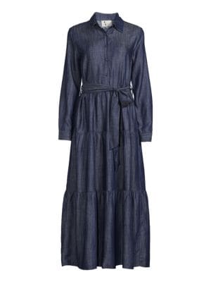 YAL New York
 Tie Waist Chambray Tiered Shirtdress