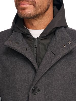 Kenneth Cole
 Melton Walker Mixed Media Hooded Bib Overcoat