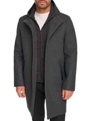 Kenneth Cole
 Melton Walker Mixed Media Hooded Bib Overcoat