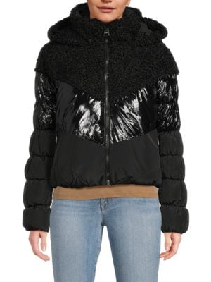 DKNY
 Mixed Media Faux Shearling Hooded Puffer Jacket