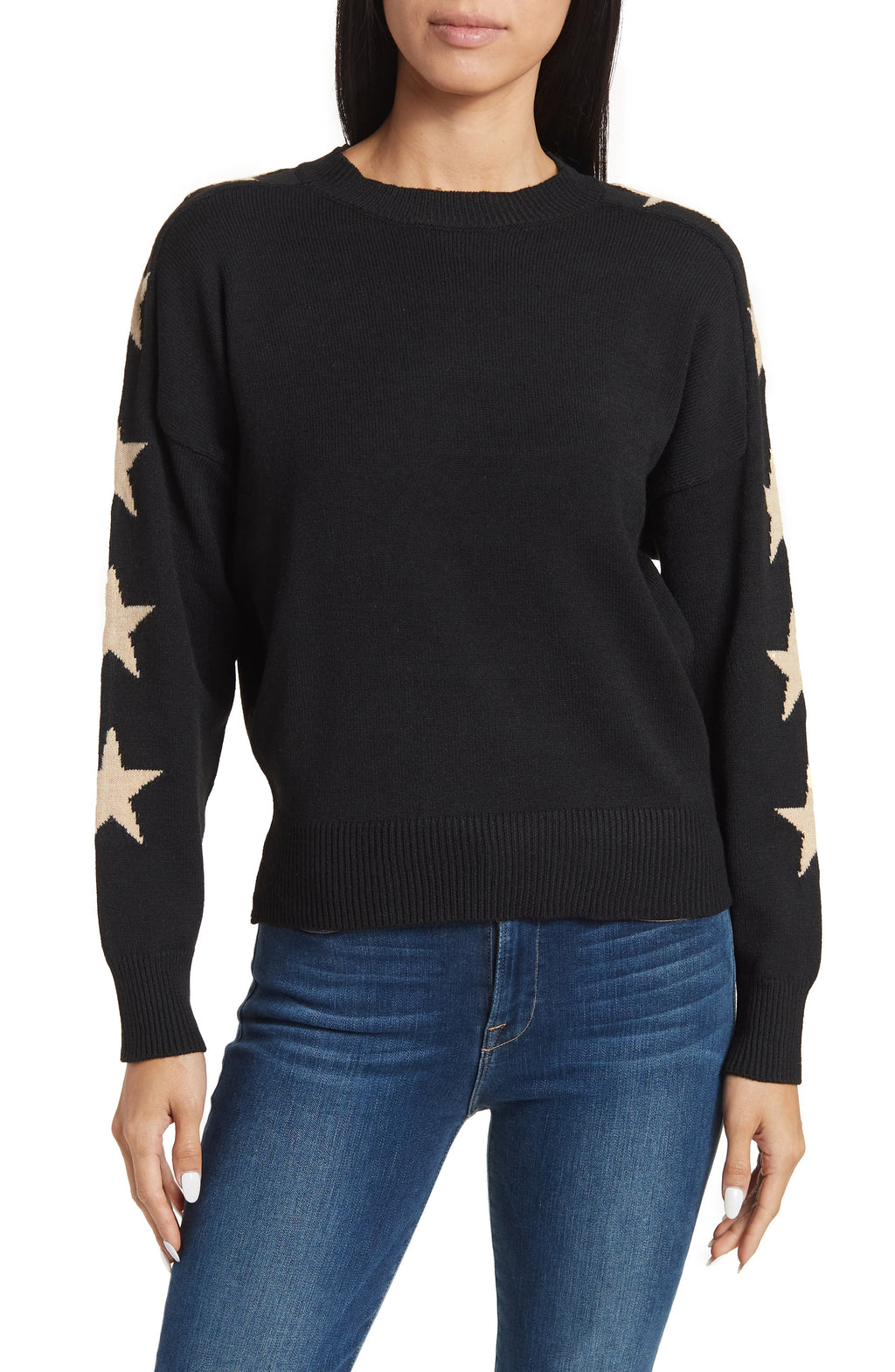 Sweet Romeo Star Print Sleeve Sweater, Main, color, BLACK/ CAMEL