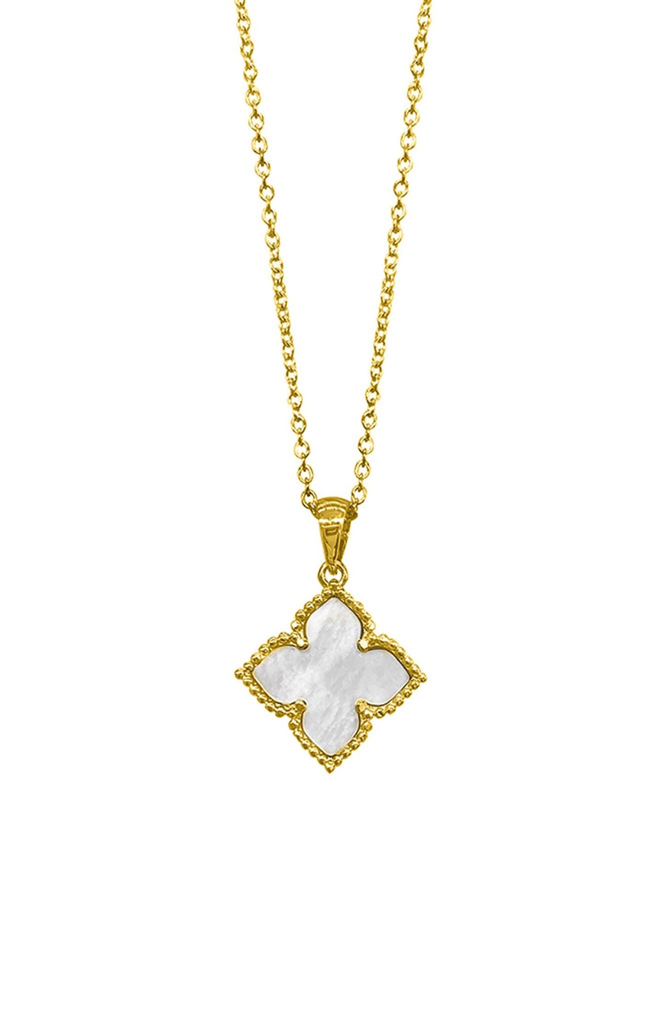 ADORNIA 14K Gold Plated Mother-of-Pearl Quatrefoil Pendant Necklace, Alternate, color, WHITE