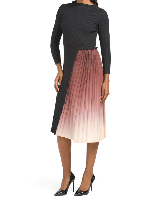 main image of Belted Sweater Dress With Pleated Skirt