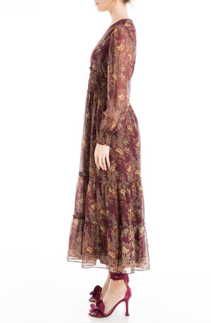 MAX STUDIO Floral Long Sleeve Maxi Dress, Alternate, color, WINE MULTI