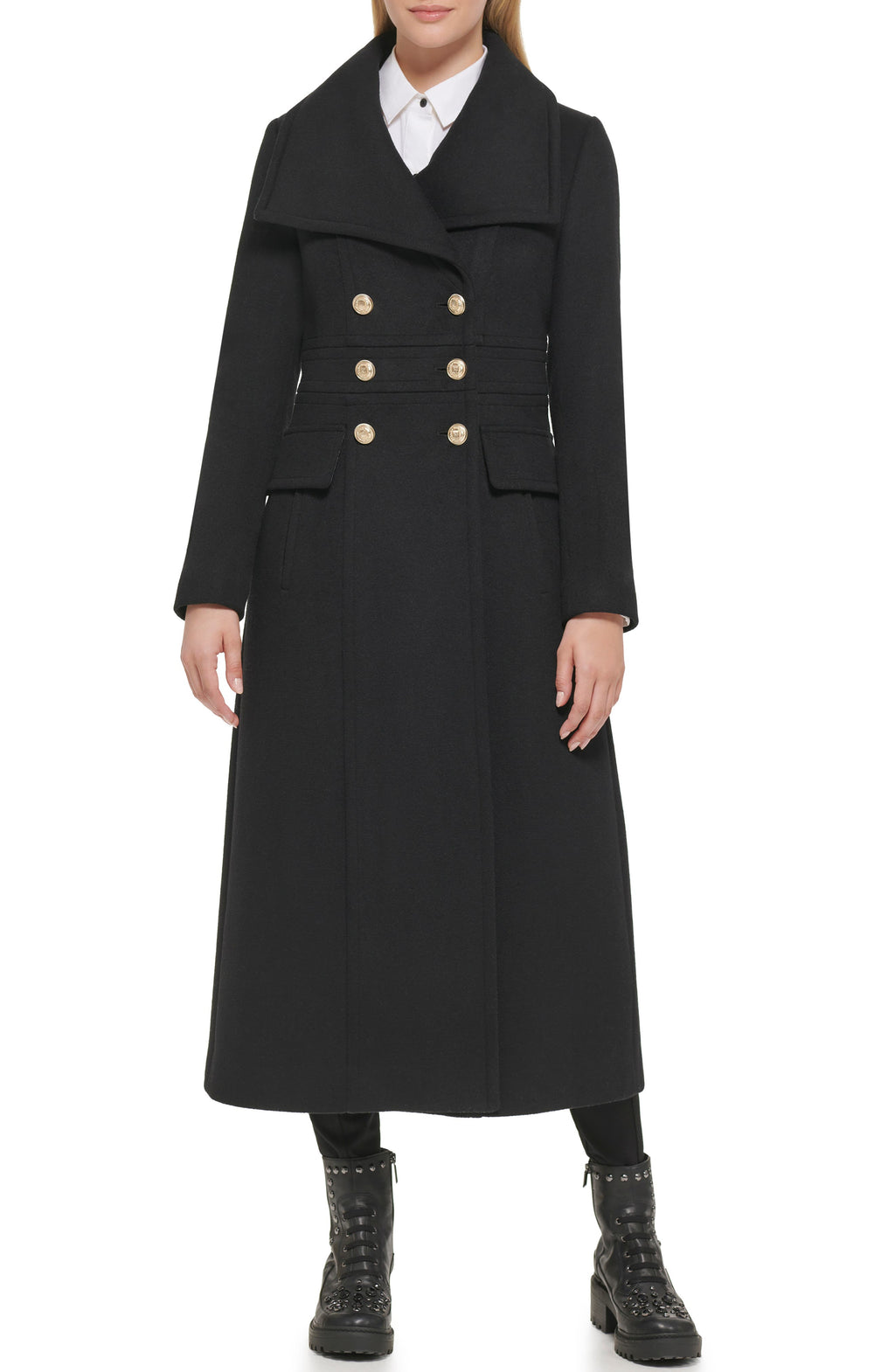 KARL LAGERFELD PARIS Double Breasted Wool Blend Military Coat, Main, color, BLACK