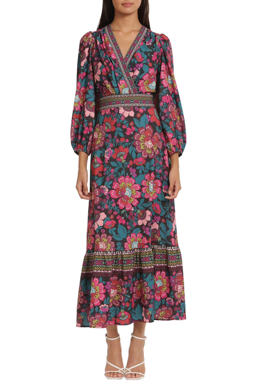 DONNA MORGAN FOR MAGGY Floral Border Print Maxi Dress, Main, color, BLACK/ RASPBERRY