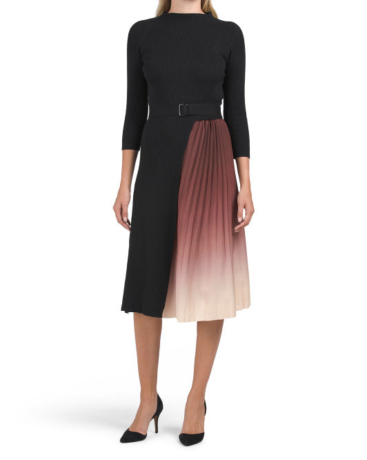 Belted Sweater Dress With Pleated Skirt