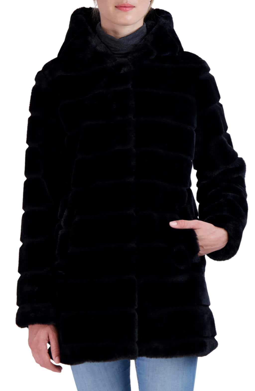 SEBBY Hooded Faux Fur Jacket, Main, color, BLACK