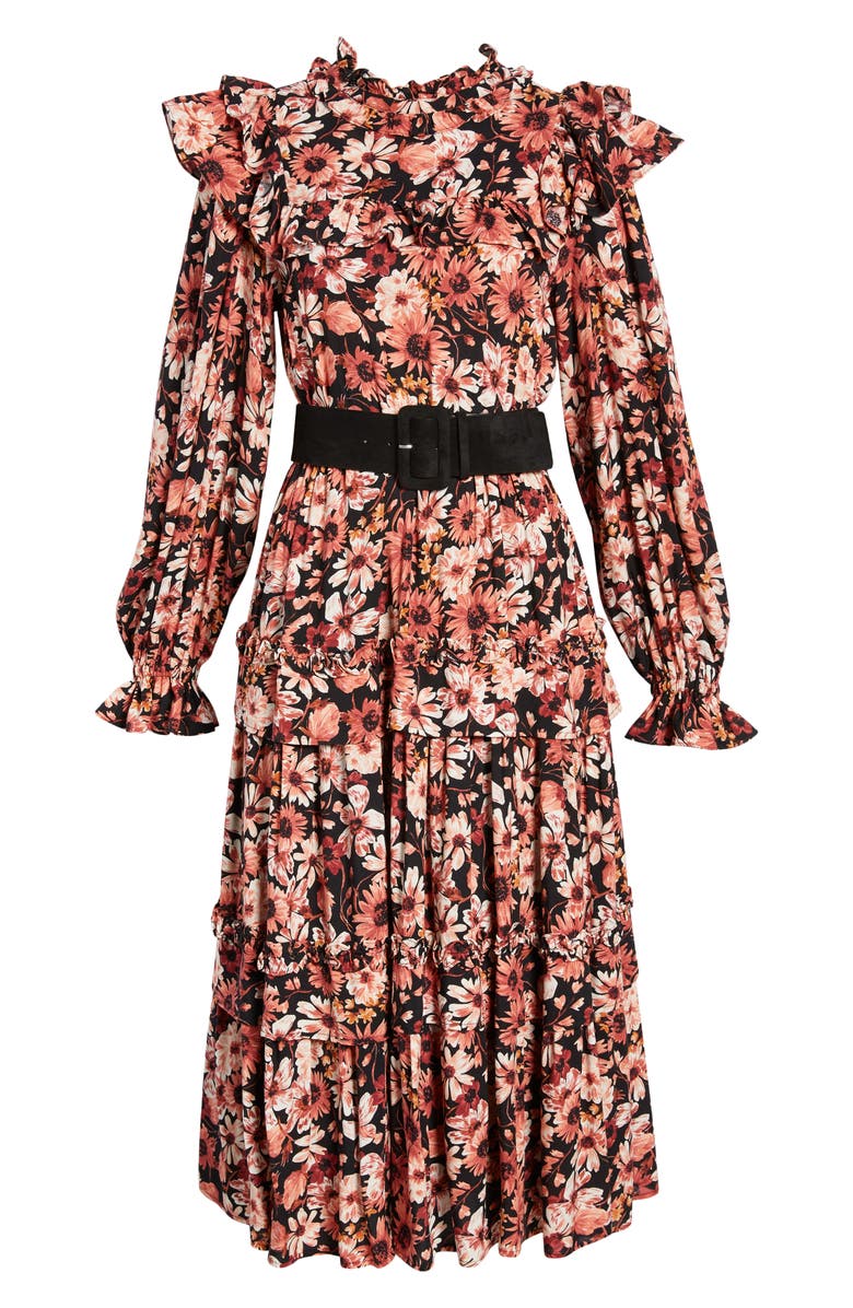 RACHEL PARCELL Floral Print Ruffle Long Sleeve Belted Tiered Midi Dress