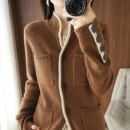 100% Cashmere / Wool Sweater Autumn/Winter 2022 Women's Stand-up Collar Cardigan Casual Knit Tops Korean Female Jacket