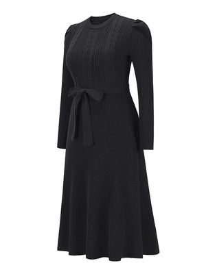 Women Puff Sleeve Maxi Long Dress A-Line Belted Midi Dresses Solid Color Tie Back Knitted Sweater Dress Night Wear - image 6 of 10