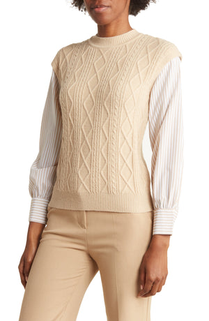 NANETTE LEPORE Twofer Cable Knit Poplin Shirt, Main, color, TAN/ WHITE