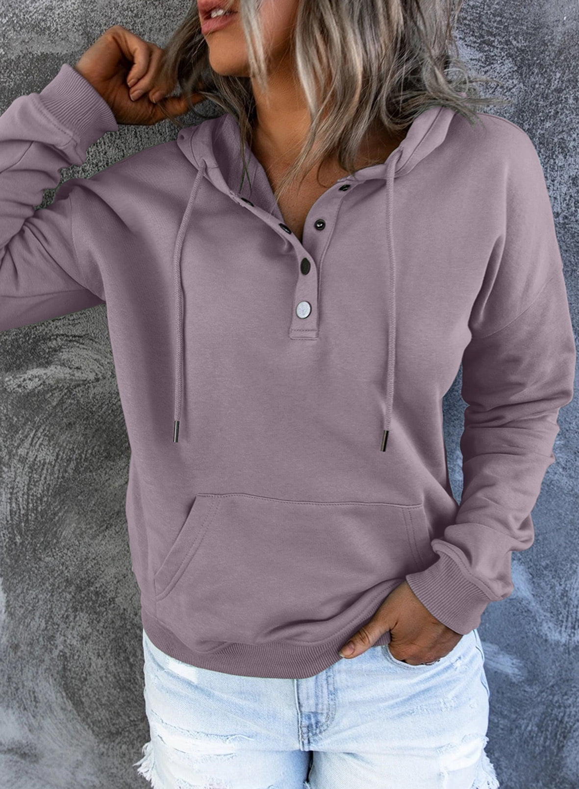 Blibea Women's Hoodie Sweatshirt Long Sleeve 1/4 Button Closure Drawstring Pullover Hooded Tops - image 2 of 8