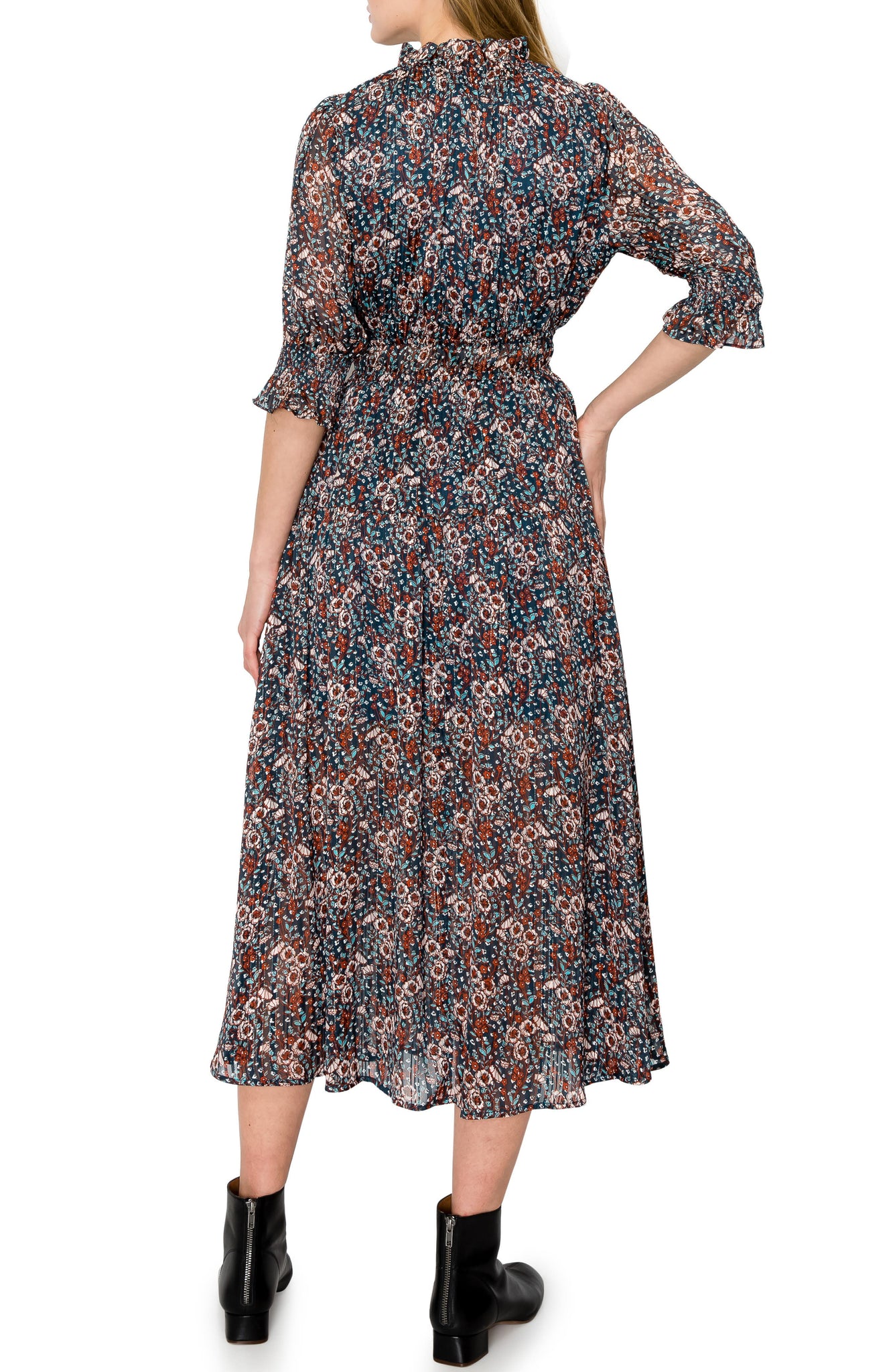 MELLODAY Mock Neck Elbow-Length Sleeve Floral Print Midi Dress, Alternate, color, MULTI