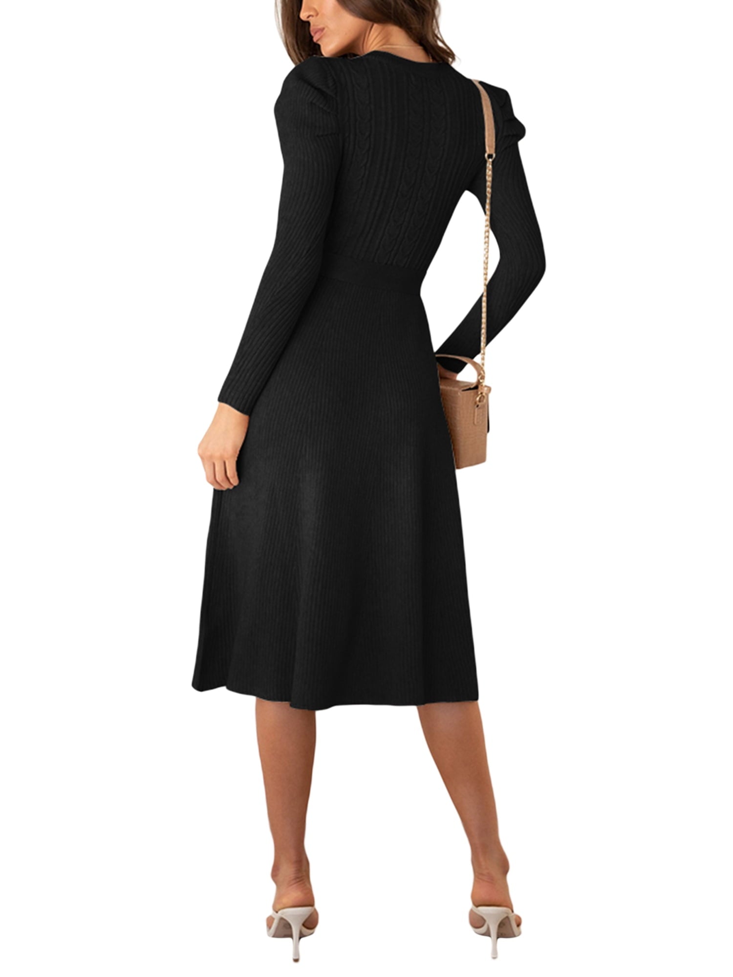 Women Puff Sleeve Maxi Long Dress A-Line Belted Midi Dresses Solid Color Tie Back Knitted Sweater Dress Night Wear - image 4 of 10