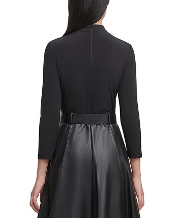 Calvin Klein - Faux-Leather Mock-Neck Fit & Flare Dress