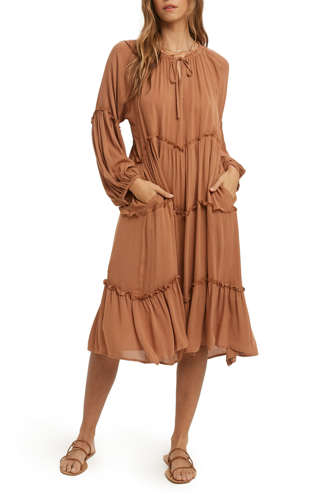 WISHLIST Notched Neck Long Sleeve Tiered Dress, Main, color, Brown