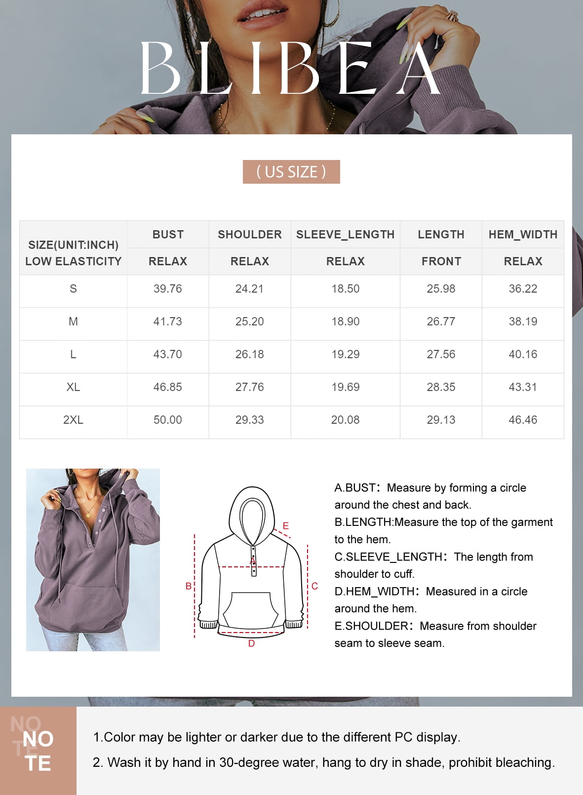 Blibea Women's Hoodie Sweatshirt Long Sleeve 1/4 Button Closure Drawstring Pullover Hooded Tops - image 3 of 8
