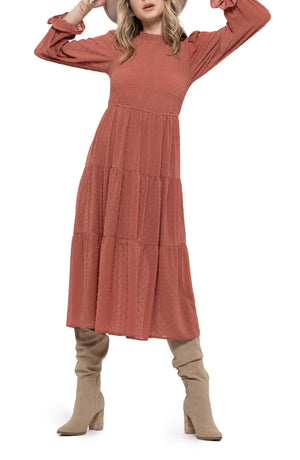 BLU PEPPER Smocked Clip Dot Midi Dress, Main, color, DUSTY SIENNA