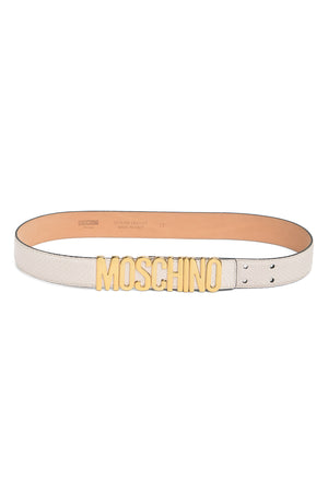 MOSCHINO Snake Embossed Leather Gold-Tone Logo Belt, Main, color, WHITE