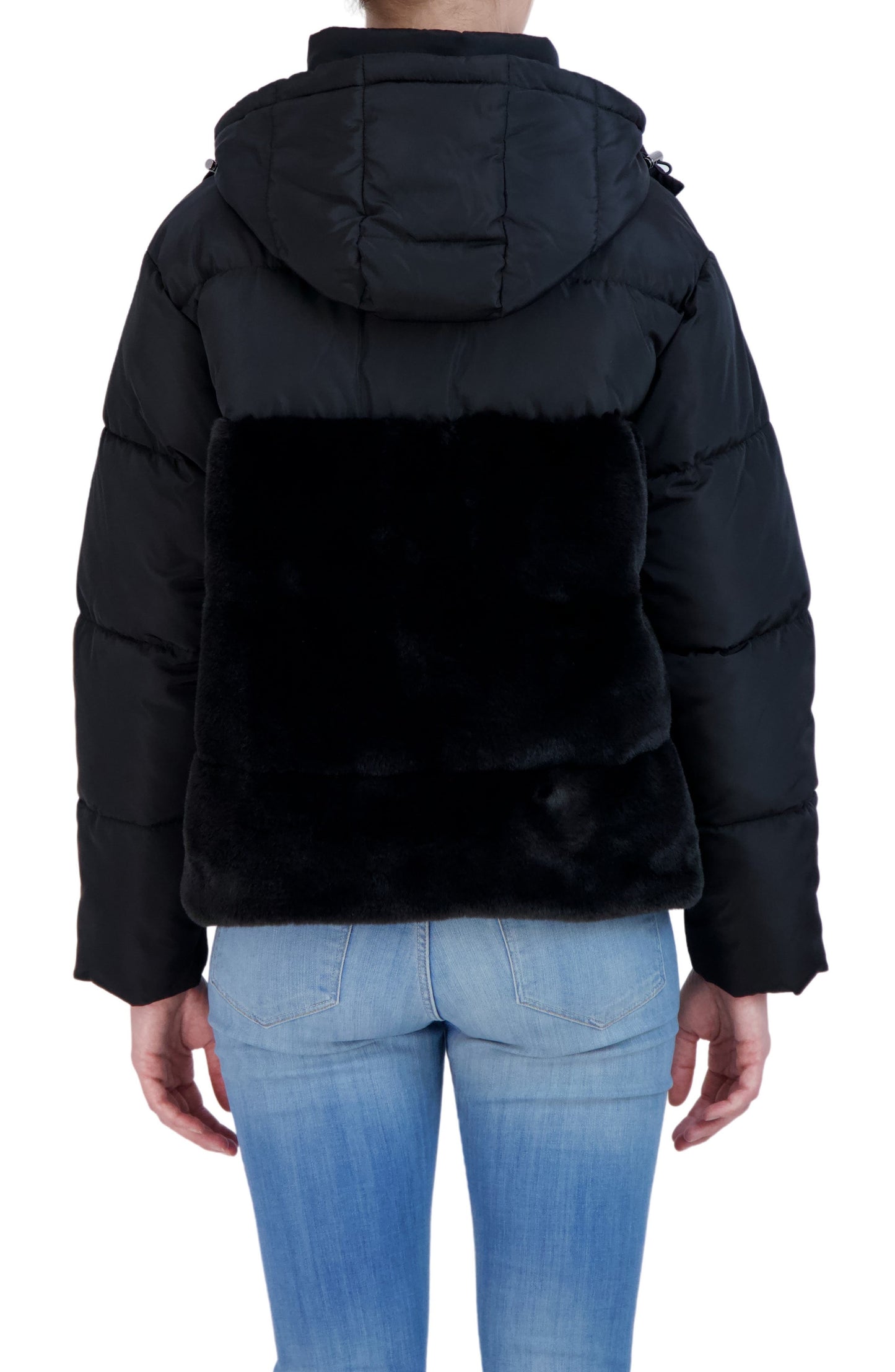 SEBBY Faux Fur Trimmed Hooded Puffer Jacket, Main, color, BLACK