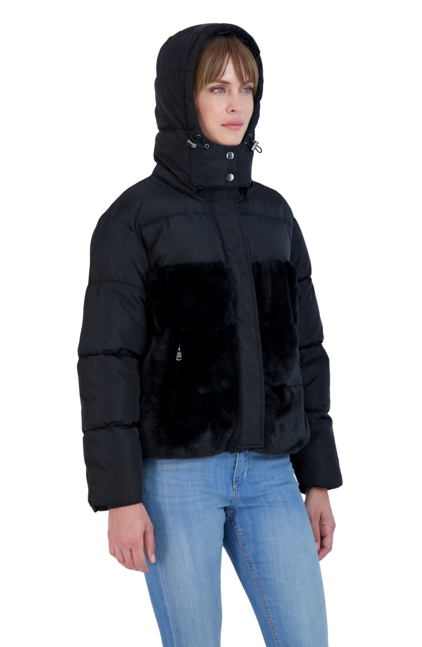 SEBBY Faux Fur Trimmed Hooded Puffer Jacket, Main, color, BLACK