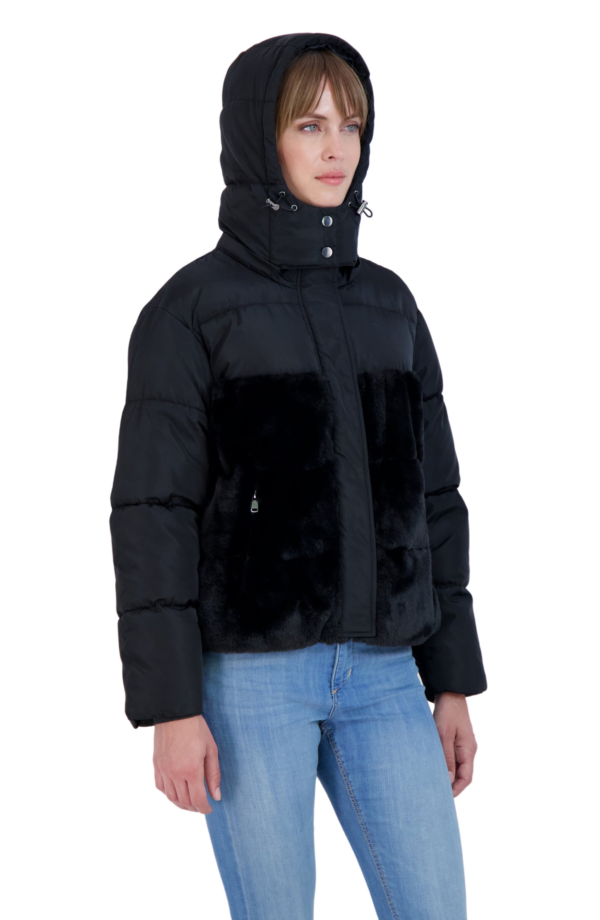 SEBBY Faux Fur Trimmed Hooded Puffer Jacket, Main, color, BLACK