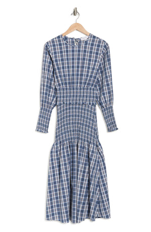 SOMETHING NAVY,
                                                Blanche Plaid Long Sleeve Smocked Midi Dress,
                                                Alternate thumbnail 3, color,
                                                BLUE/ WHITE