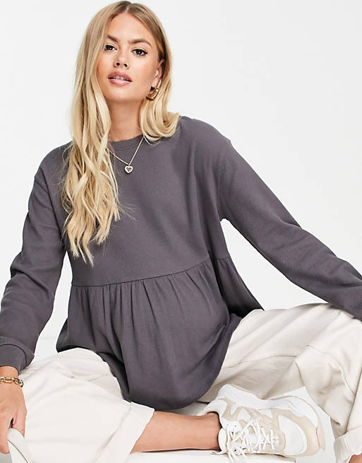 ASOS DESIGN Maternity waffle smock top with blouson sleeve in charcoal