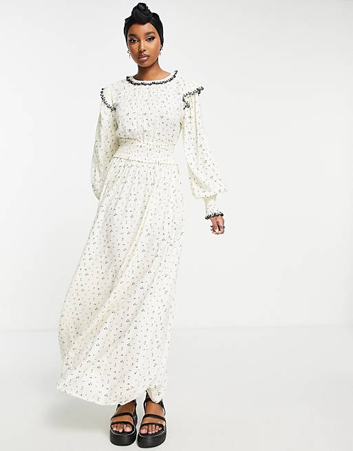 ASOS DESIGN shirred waist maxi ditsy print dress with contrast stitching in white