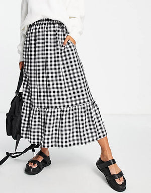 ASOS DESIGN tiered midi skirt with pockets in gingham