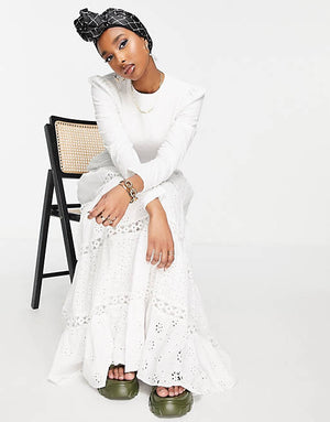 ASOS DESIGN shirred mixed broderie tiered maxi dress with lace inserts in white