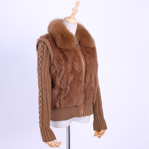 2020 Women's Genuine Real Rabbit Fur Fox Fur Collar Knitting Sleeve Women's Winter Coat Fur Jacket Casual Short Outwear Slim