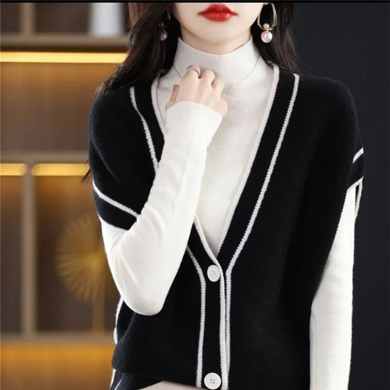 2022 Autumn Casual Fashion V-Neck Spliced Knitted Sweater Vest Female Clothing Commute Pullover Tops All-match Korean Sweaters
