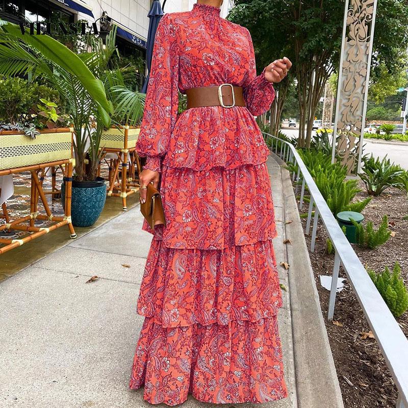 2022 Women Floral Printed Lantern Long Sleeve Sundress Female Vintage Cake Loose Beach Dress Elegant Cascading Ruffles Cover-Ups