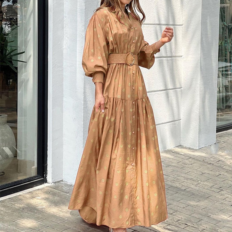 2022 Women Floral Printed Lantern Long Sleeve Sundress Female Vintage Cake Loose Beach Dress Elegant Cascading Ruffles Cover-Ups