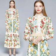 2023 Autumn Runway Maxi Dress Women's Long Sleeve Stand Gorgeous Flower Print Long Dress Female Buttons up Sashes Holidays Dress