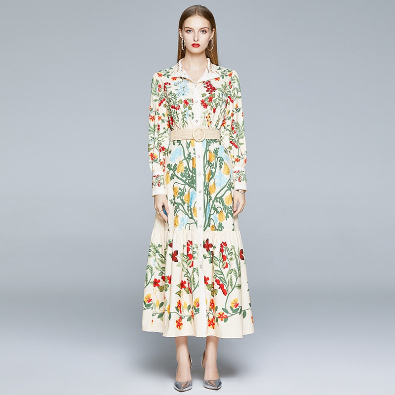 2023 Autumn Runway Maxi Dress Women's Long Sleeve Stand Gorgeous Flower Print Long Dress Female Buttons up Sashes Holidays Dress