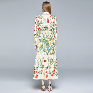 2023 Autumn Runway Maxi Dress Women's Long Sleeve Stand Gorgeous Flower Print Long Dress Female Buttons up Sashes Holidays Dress