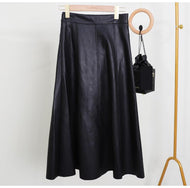 2023 Women's New Mid Length PU Leather Skirt  The Classic Solid High Waist Large Swing Lazy woman skirt