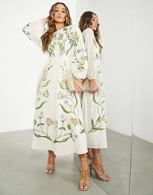 ASOS EDITION large scale floral and leaf embroidered midi dress in cream