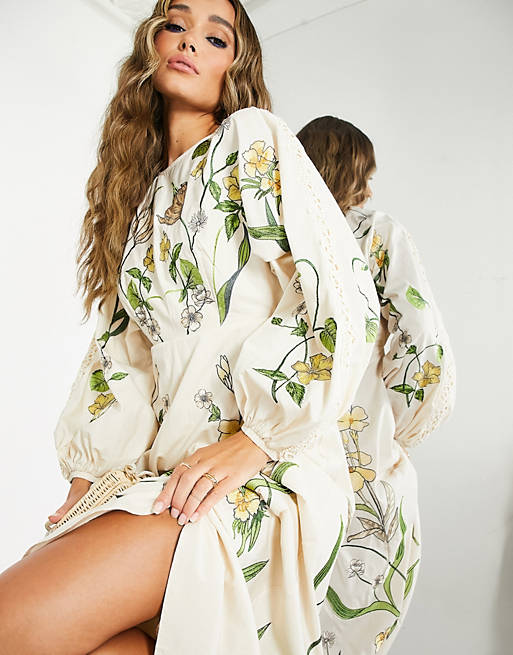 ASOS EDITION large scale floral and leaf embroidered midi dress in cream