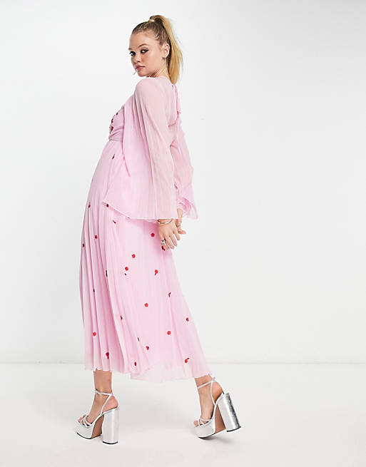 ASOS DESIGN tie back pleated sleeve midi dress in pink with red embroidery