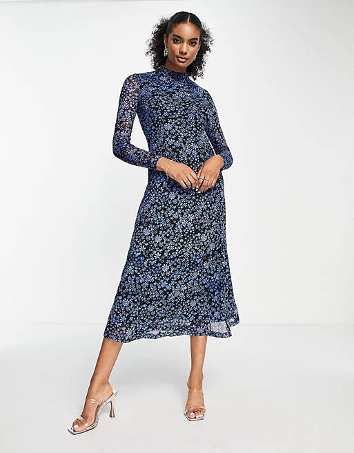 Whistles high neck maxi dress in blue floral