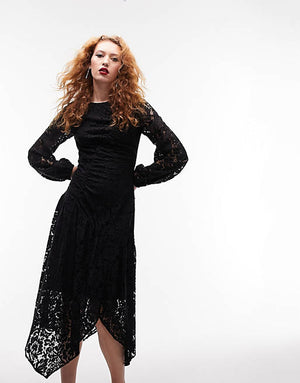 Topshop ruched lace long sleeve midi dress in black