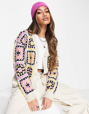 Neon Rose relaxed cardigan in retro crochet print