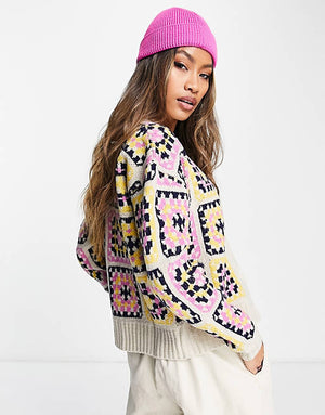 Neon Rose relaxed cardigan in retro crochet print