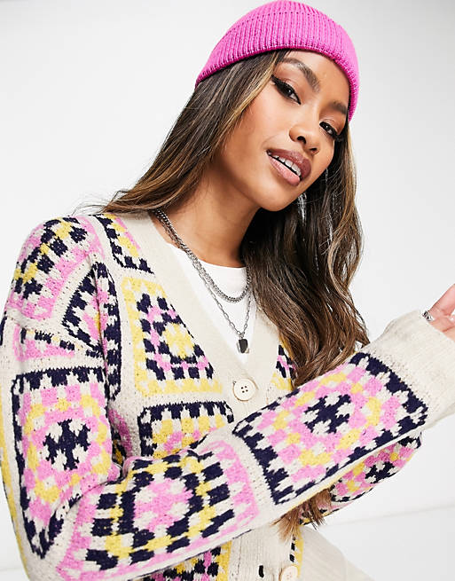 Neon Rose relaxed cardigan in retro crochet print