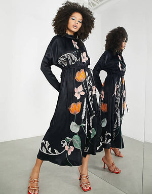 ASOS EDITION floral embroidered satin midi dress with drawstring channel in black